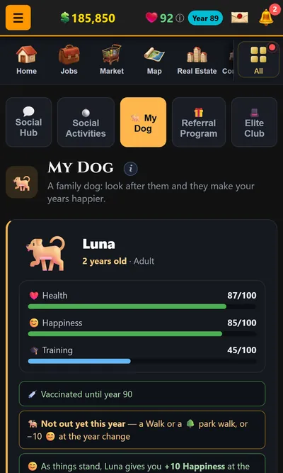 My Dog page: Luna, two years old, with health, happiness and training bars