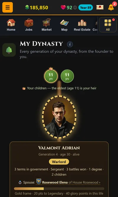 My Dynasty screen: two children above the current head of the family, Valmont Adrian, generation 4, titled Warlord
