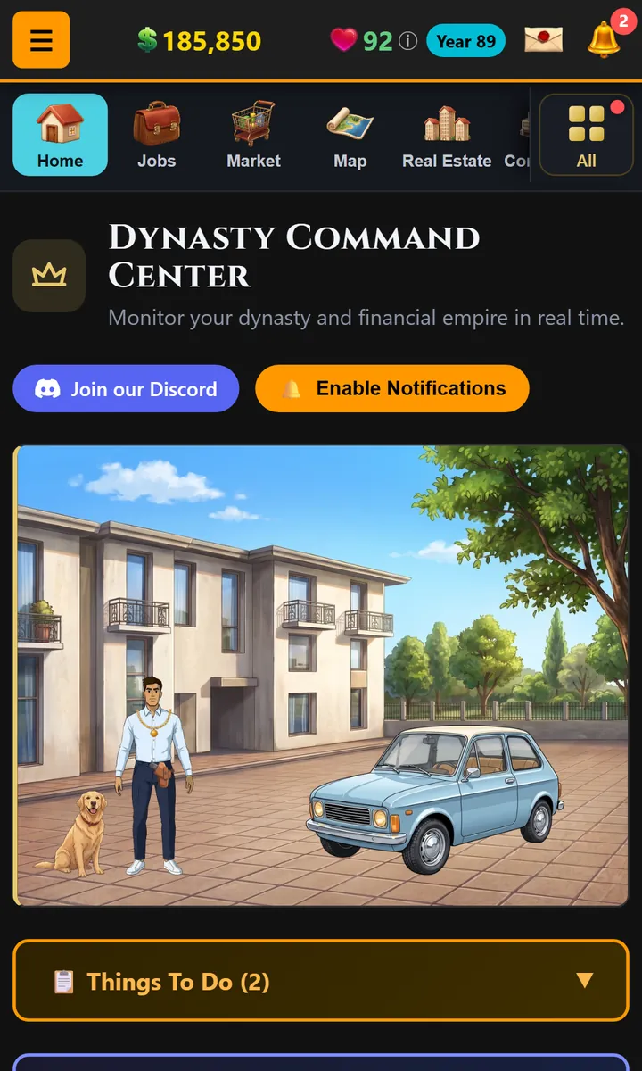 Dynasty home screen on a phone: a character outside his apartment building with his dog and car, money and health at the top