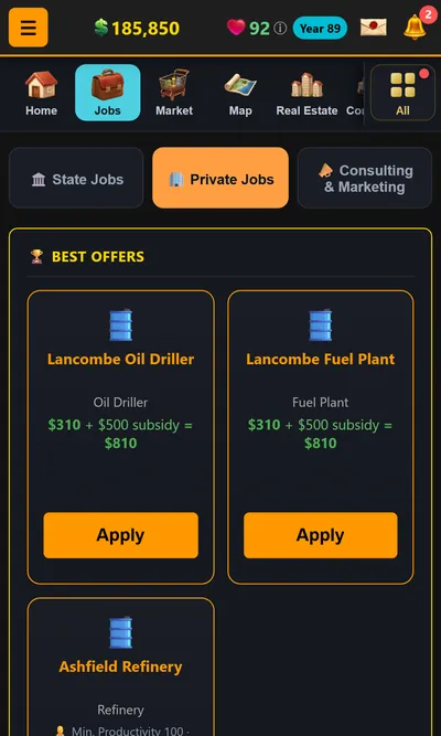 Private jobs board listing the best paid shifts at companies owned by other players